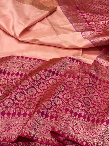 Peach/Raspberry Pink Handwoven Banarasi Saree | Kadhwa Ektara Kadhiyal | Pure Mulberry Katan Silk Authentic Modern Banarasi Saree