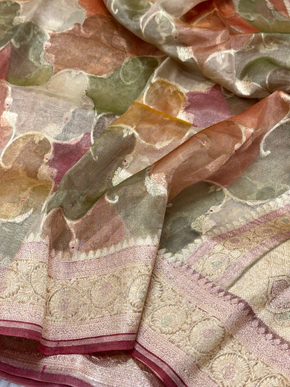 Yellow Pure Mulberry Tissue Silk Handloom Banrasi Saree |Ektara Weave|