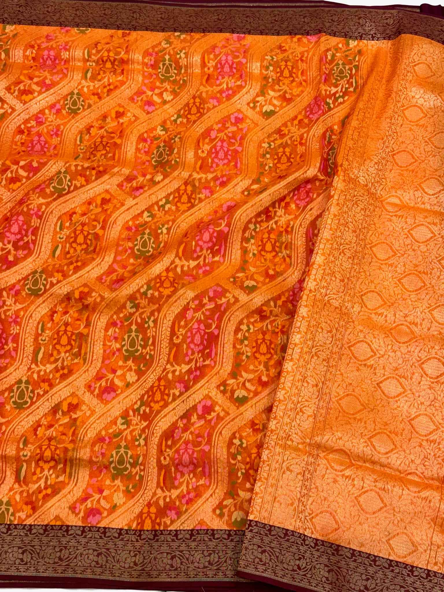 Orange Pure Kora silk & Pure Mulberry Silk Jamdani Handloom Banarasi Saree - Ektara Weave
