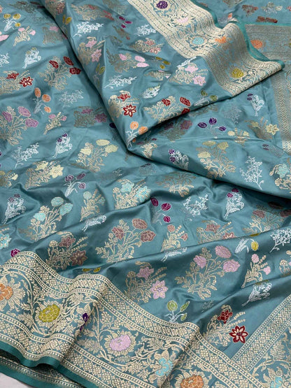 Dusty Teal Green Handwoven Luxury Banarasi Saree - Pure Double Katan Mulberry Silk | Kadhwa Technique | Banarasi Saree
