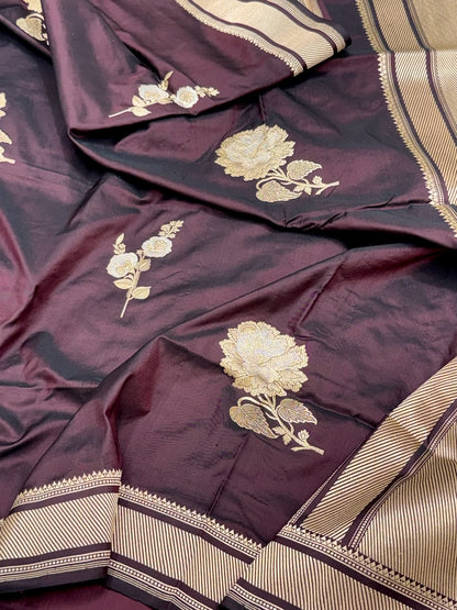 Wine Pure Katan Mulberry Silk Handwoven Modern Banarasi Saree With Kadhwa Artistry