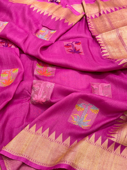 Fuchsia Pink Pure Tussar Georgette Silk Handwoven Banarasi Saree | Kadhwa Weave