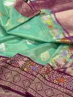Sea Green Pure Kora Tissue Silk Handwoven Banarasi Silk Saree | Katan Silk Border & Blouse