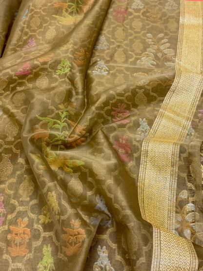 Brown Pure Kora Mulberry Silk Handloom Ektara Jamdani Banarasi Saree - Lightweight Breathable Saree