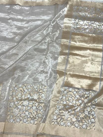 Silver/White Pure Tissue Silk Saree - 100% Pure Kora Silk | Handwoven Banarasi Silk Saree - Modern Contemporary Saree