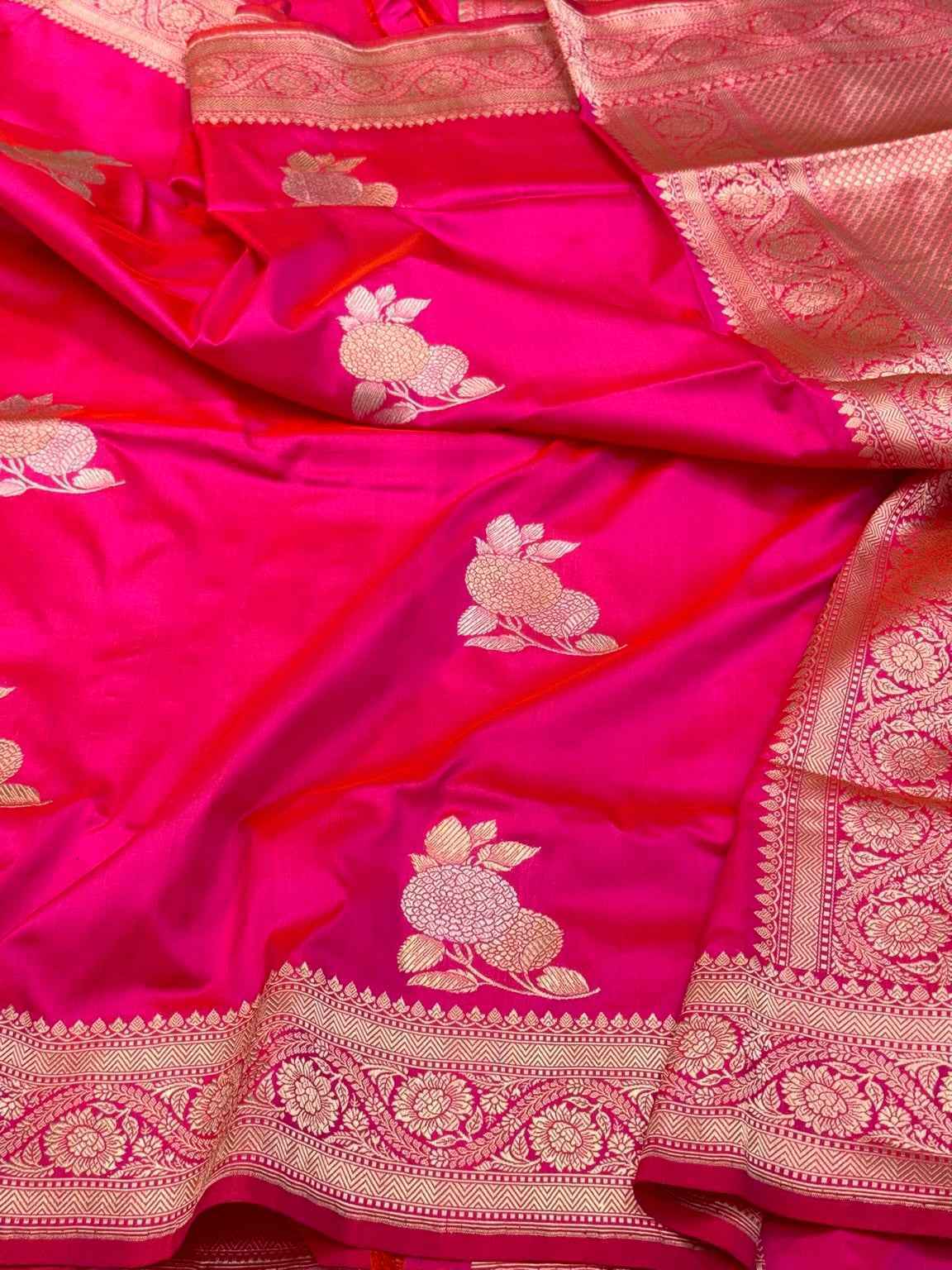 Reddish Pink Pure Mulberry Silk & Pure Katan Silk - Kadhwa Technique Handwoven Banarasi Saree