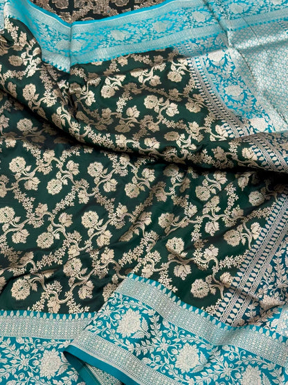 Dark Green/Teal Green Pure Katan Silk Saree - Pure Mulberry Silk Saree Handloom Banarasi Saree