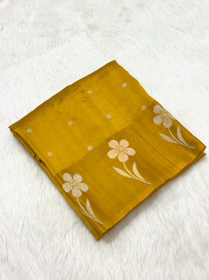 Mustard Yellow Pure Raw Mango Silk Handwoven Banarasi Saree