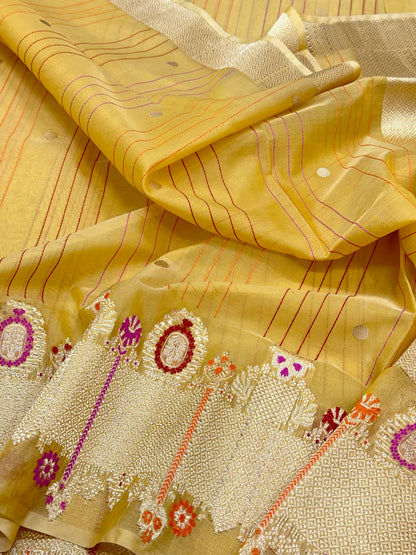 Mustard Yellow Pure Mulberry Kora Silk Handwoven Banarasi Saree