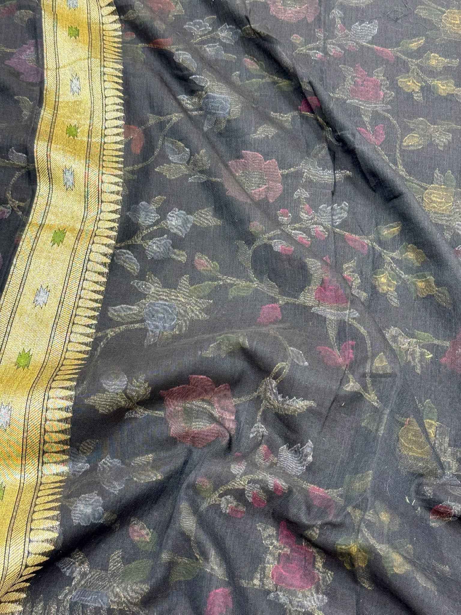 Black Pure Muslin Cotton Jamdani Handloom Banarasi Saree with Ektara Weave