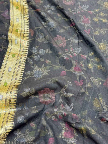Black Pure Muslin Cotton Jamdani Handloom Banarasi Saree with Ektara Weave