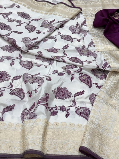 White Pure Katan Mulberry Silk Handwoven Banarasi Saree - Kadhwa Weave