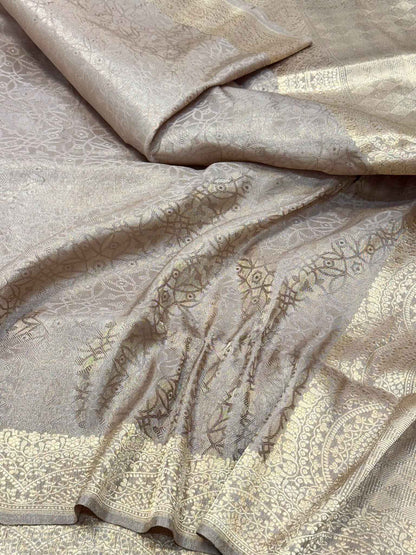 Beige Pure Double Katan Tissue Silk Handwoven Banarasi Silk Saree - Kadhwa Weave Tanchoi