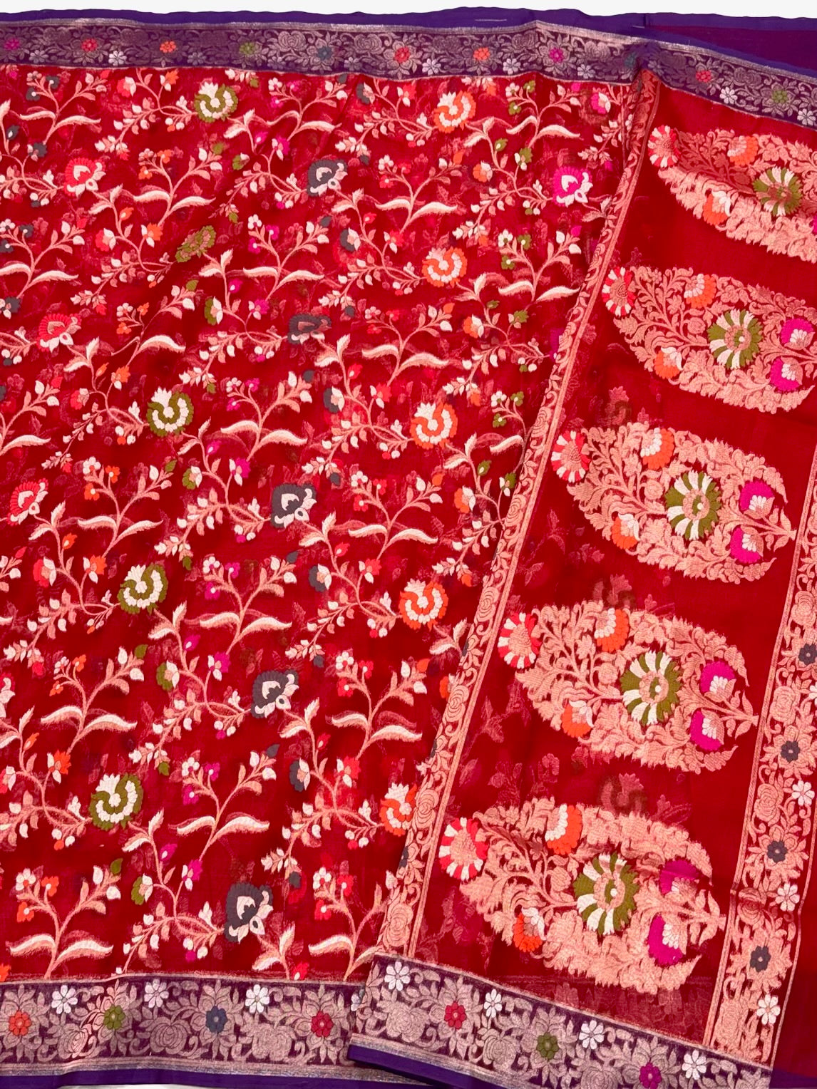 Red Banarasi 100% Pure Kora Silk Saree -Ektara Technique | Pure Handwoven Mulberry Silk Saree