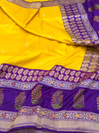 Yellow/Purple Pure Mulberry Katan Silk Handwoven Banarasi Saree -  Kadhiyal weave