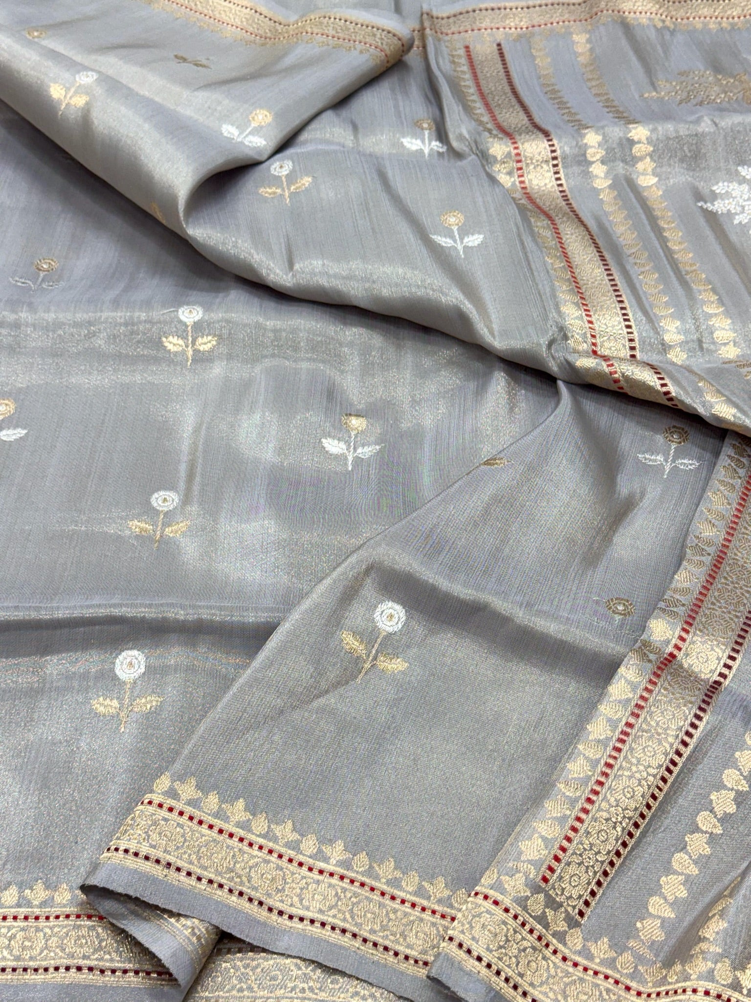 Gray Pure Katan Tissue Silk Handwoven Banarasi Saree |Ektara Weave|