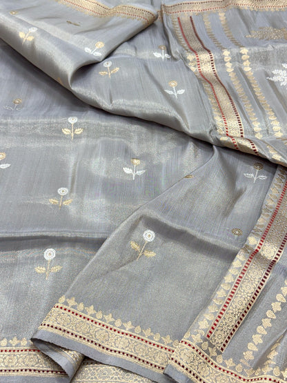 Gray Pure Katan Tissue Silk Handwoven Banarasi Saree |Ektara Weave|