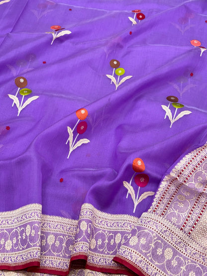 Lavender Pure Mulberry Kora Silk Handwoven Authentic Banarasi Modern Saree - Kadhwa Ektara Weave