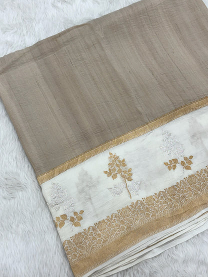 Ivory Pure Tussar Georgette Handwoven Banarasi Silk Saree