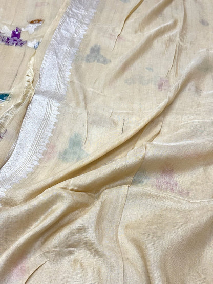 Beige Banarasi Pure Tussar Georgette Silk | Kadhwa Technique | Handwoven Modern Saree - Soft Ligthweight Saree
