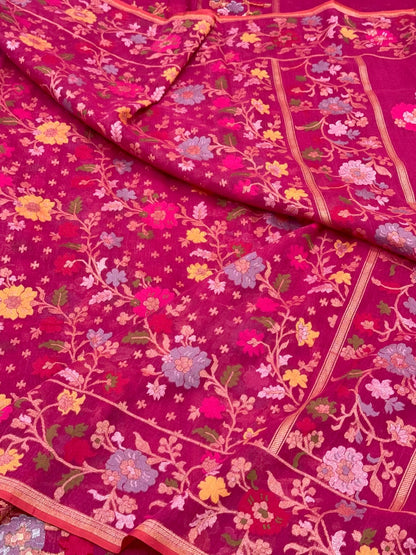 Pink Pure Muslin Cotton Jamdani Ektara Weave Handloom Banarasi Saree