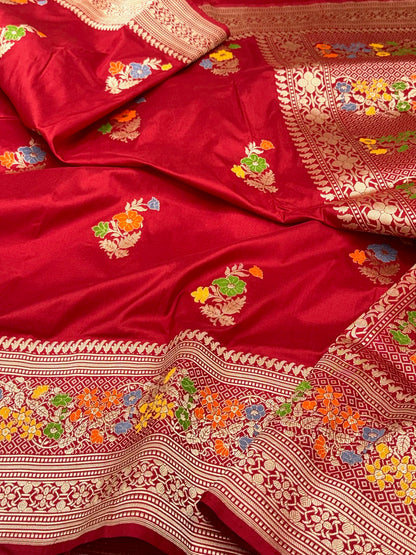 Deep Red Pure Katan Silk & Pure Mulberry Silk | Kadhwa Technique | Handwoven Banarasi Saree