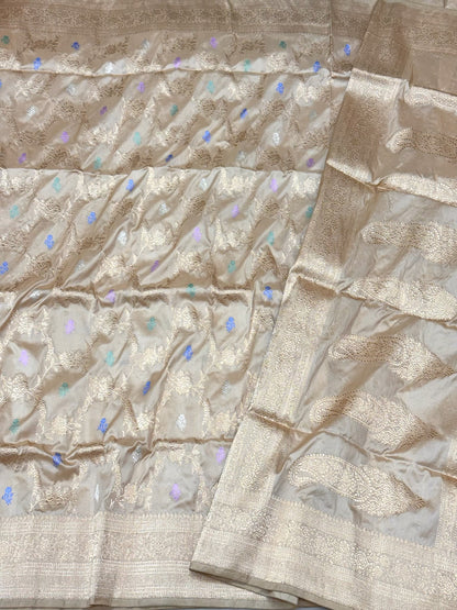 Beige Pure Katan Mulberry Silk Handwoven | Kadhwa Weave | Timeless Banarasi Saree