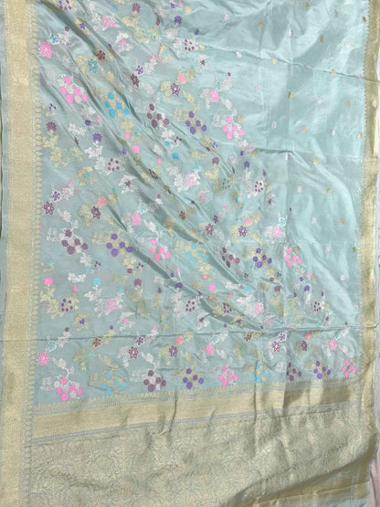 Pastel Blue Pure Mulberry Katan Silk | Kadhwa Technique | Handwoven Contemporary Banarasi Saree - New Era Of Saree Glamour
