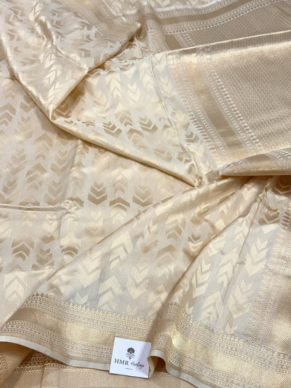 Ivory Mashru Pure Satin Silk Handwoven Saree