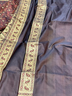 Wine Pure Satin Silk Handwoven Banarasi Tanchoi Saree