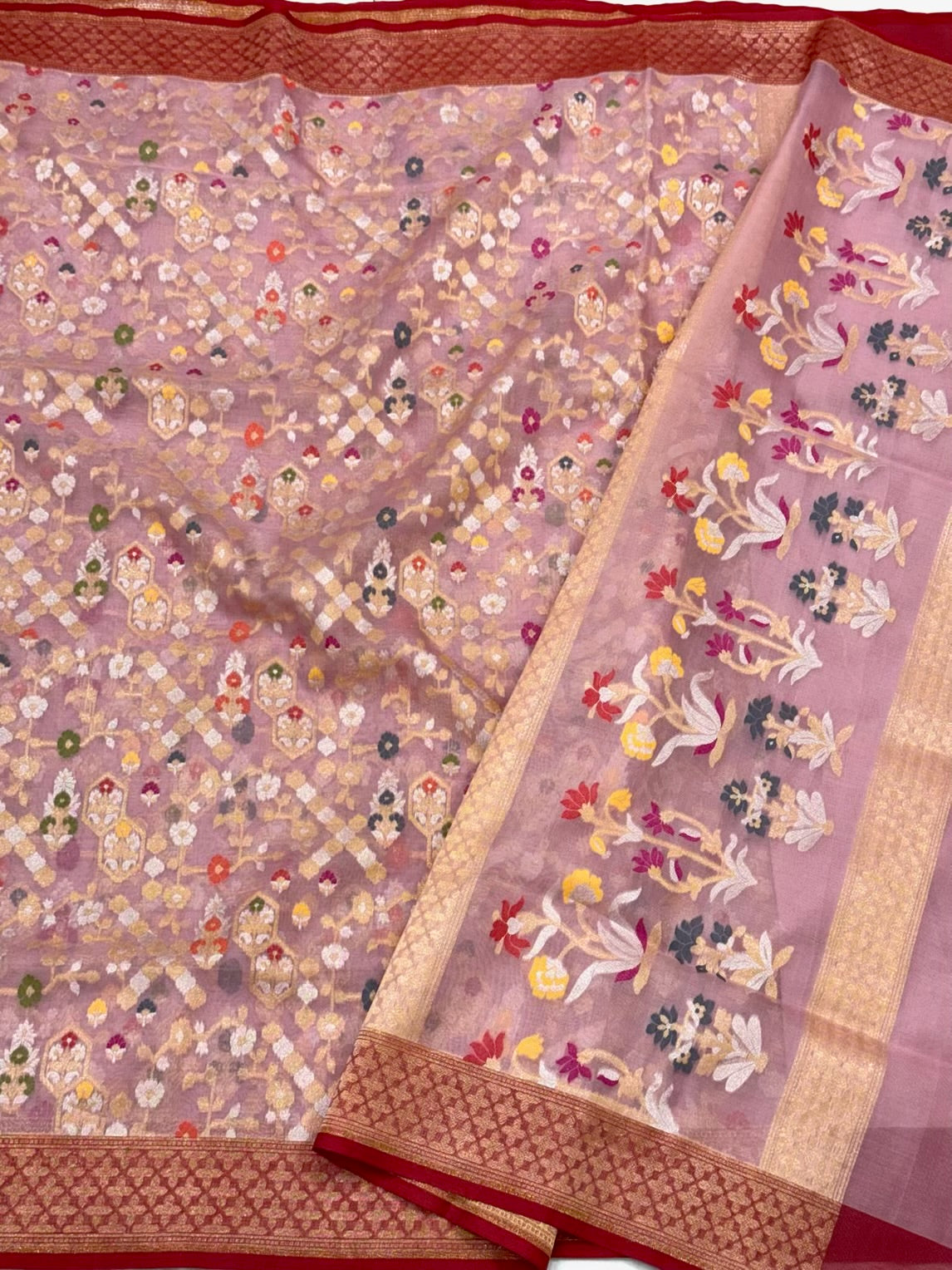 Mauve Pink Pure Soft Kora Silk Handloom Banarasi Saree - Ektara Weave