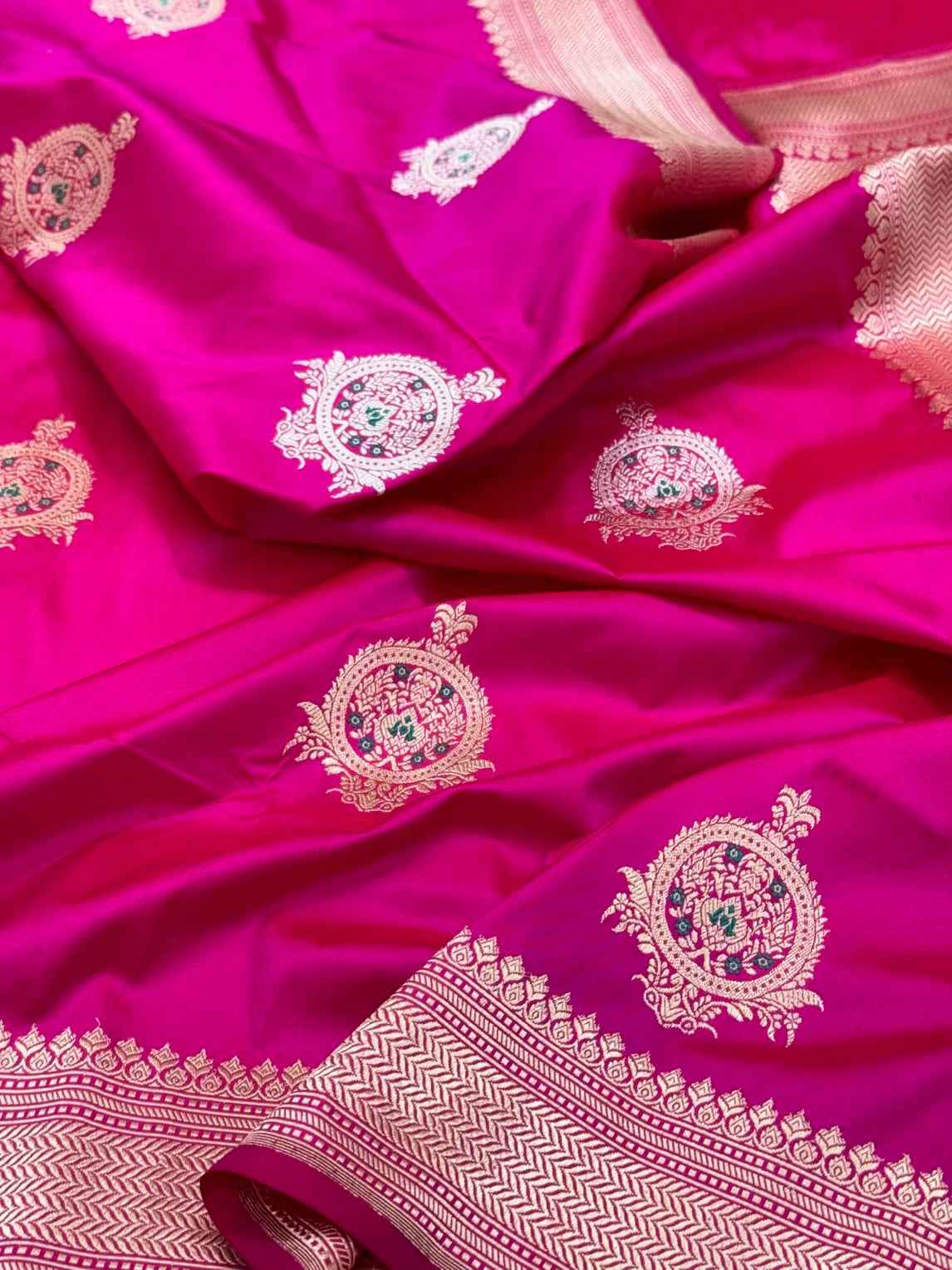 Ruby Pink 100% Pure Katan Silk Saree - 100% Pure Mulberry Silk | Kadhwa Handwoven Banarasi Saree