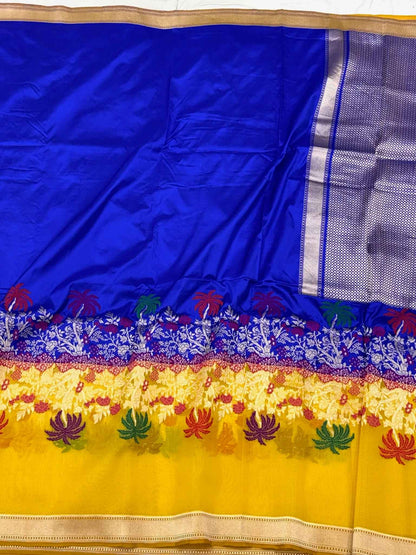 Blue Modern Banarasi Handwoven | Kadhwa Technique | Pure Mulberry Katan Silk Contemporary Saree With Kora Border