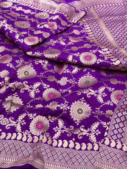 Purple Pure Katan Mulberry Silk Handloom Authentic Banarasi Saree
