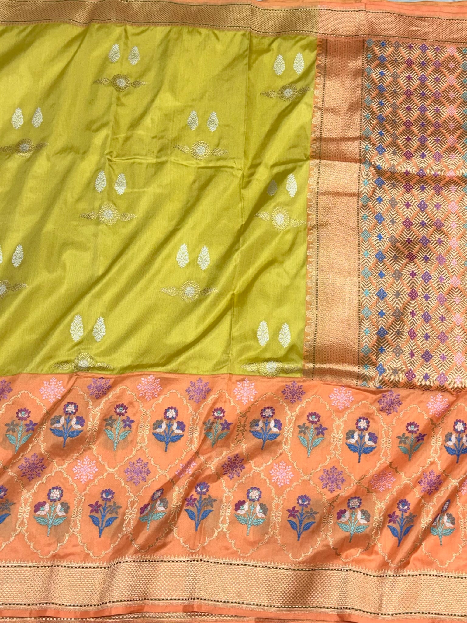 Lemon Yellow/ Orange Authentic Premium Banarasi Saree - Pure Katan Mulberry Silk | Kadhwa + Kadhiyal Technique | Handwoven Saree