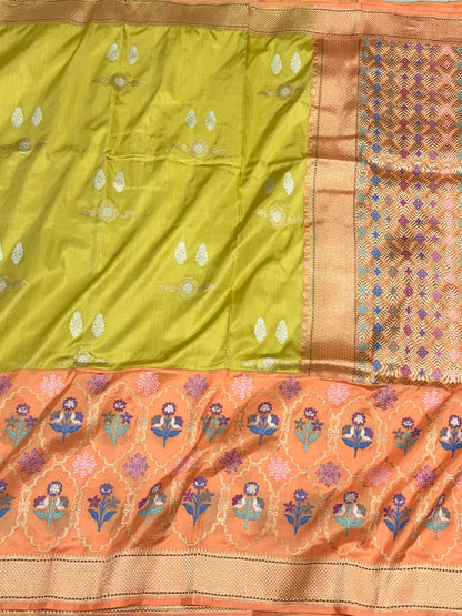 Lemon Yellow/ Orange Authentic Premium Banarasi Saree - Pure Katan Mulberry Silk | Kadhwa + Kadhiyal Technique | Handwoven Saree