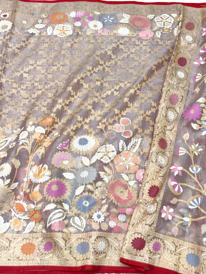 Ash Gray Pure Mulberry Kora Silk | Ektara Technique | Jamdani Handloom Contemporary Banarasi Modern Saree