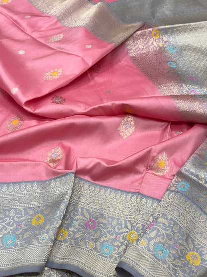 Onion Pink Pure Mulberry Katan Silk Handwoven Banarasi Saree | Kadhwa + Kadhiyal Weave