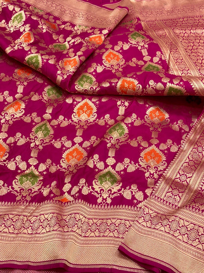 Rani Pink Pure Katan Mulberry Silk Handloom Banarasi Meenakari Saree - Modern Jaal