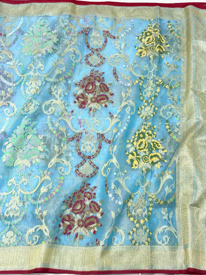 Sky Blue Pure Mulberry Kora Jamdani Handloom Modern Banarasi Lightweight Saree - Ektara Weave
