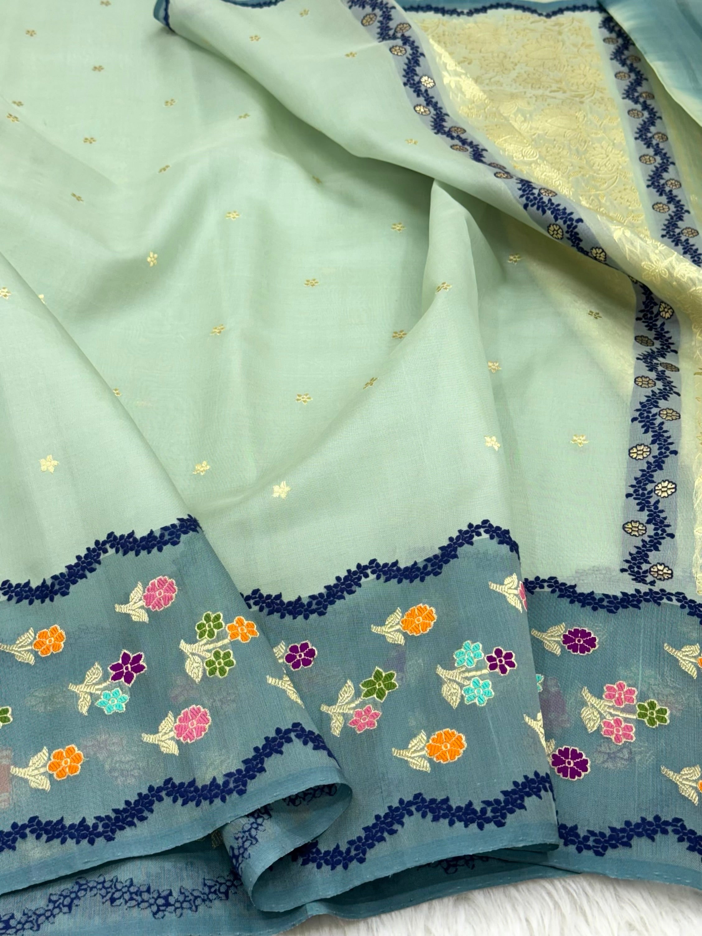 Pale Green Pure Kora Silk Handwoven Banarasi Saree