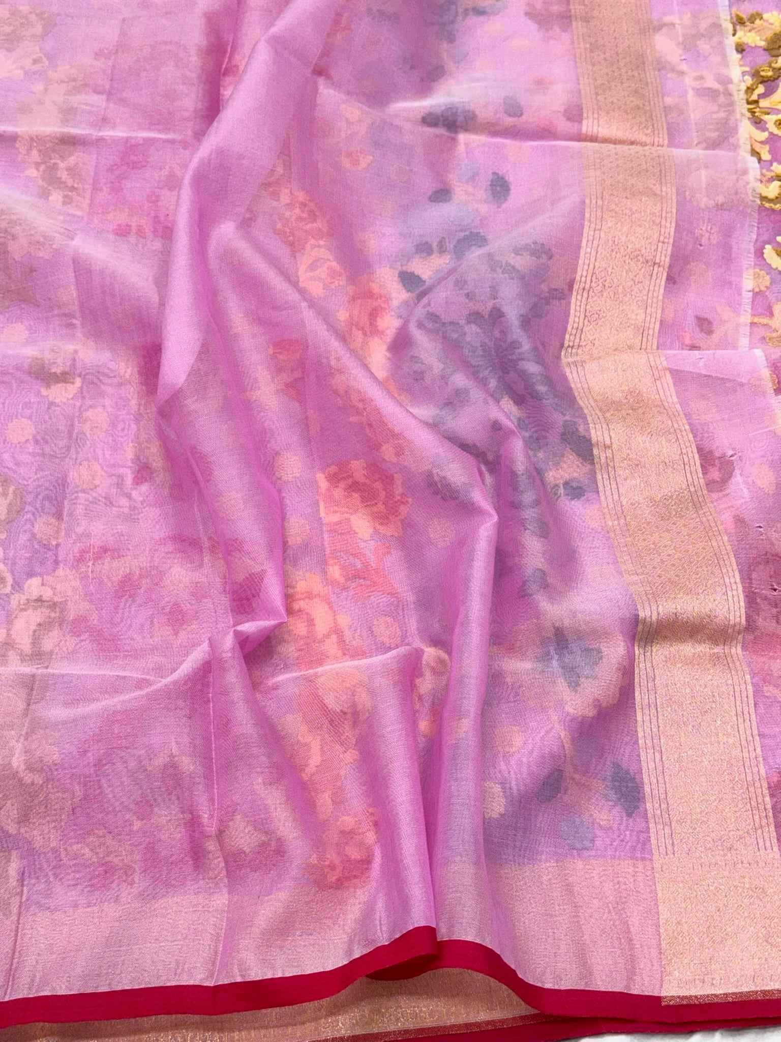 Rose Pink Pure Kora Silk Handloom Banarasi Saree with Ektara + Jamdani Weave