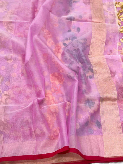 Rose Pink Pure Kora Silk Handloom Banarasi Saree with Ektara + Jamdani Weave