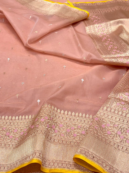 Dusty Peach Pure Kora Mulberry Silk Handwoven Banarasi Saree - The Luxe Drape