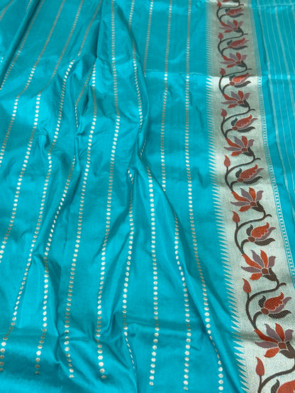 Electric Blue Pure Mulberry Katan Silk Saree Handwoven Banarasi Saree - Timeless Kadhwa Elegance