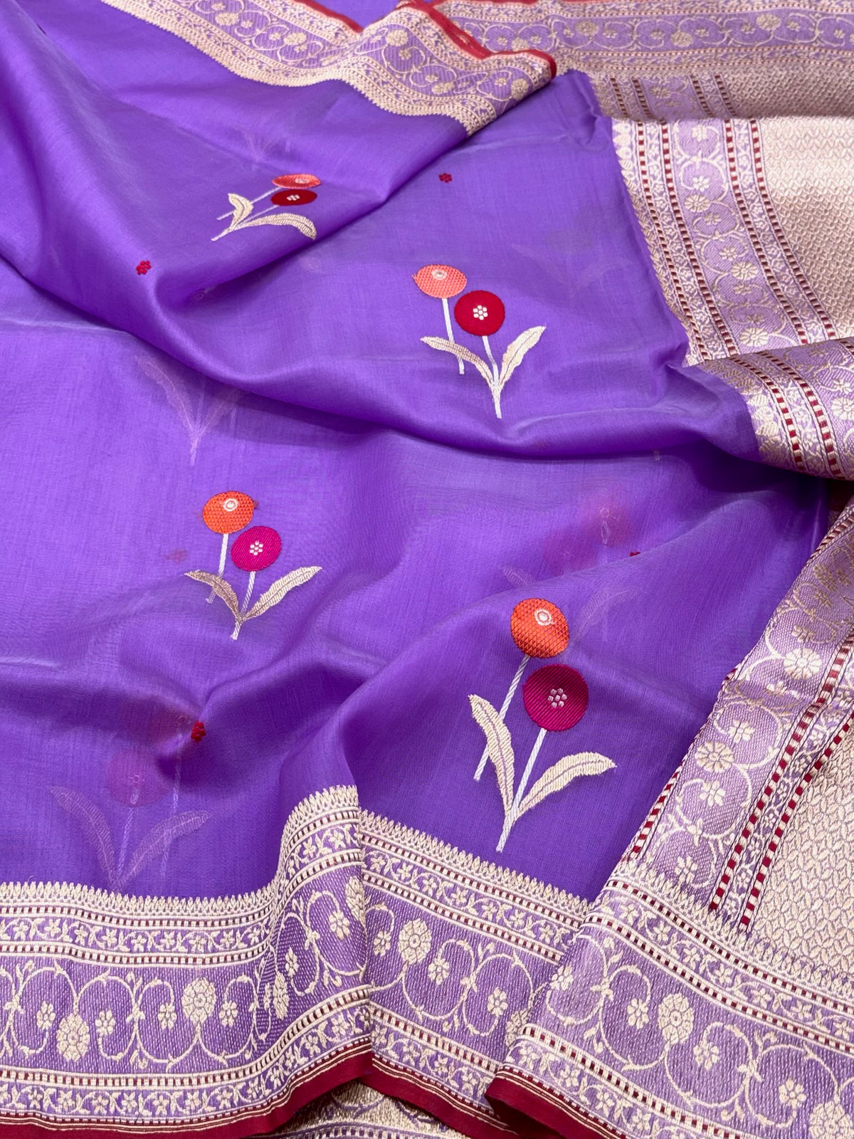 Lavender Pure Mulberry Kora Silk Handwoven Authentic Banarasi Modern Saree - Kadhwa Ektara Weave
