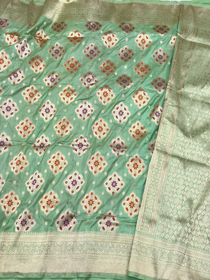 Pista Green Pure Katan Mulberry Silk Handloom Authentic Banarasi Saree - Meenakari