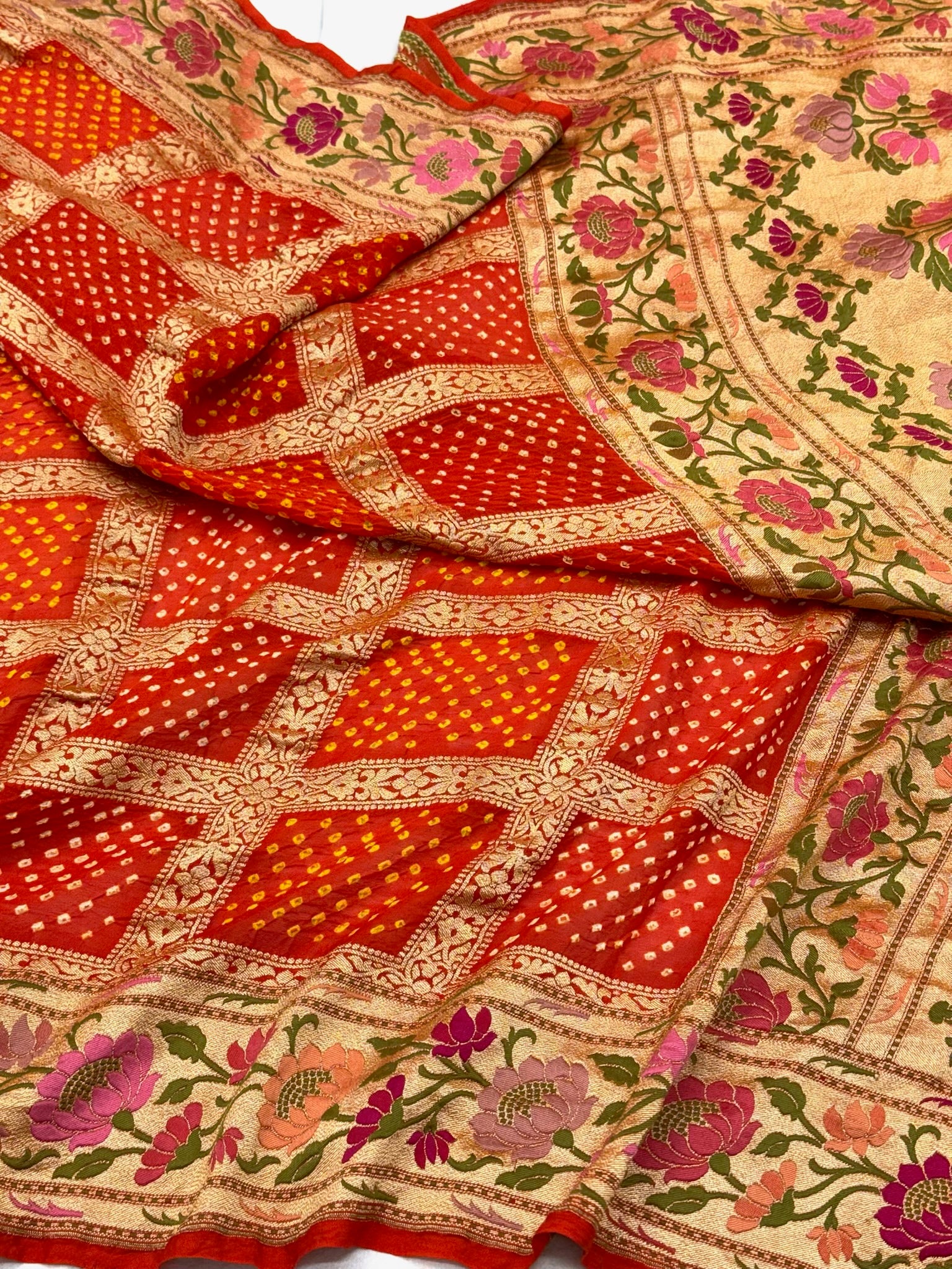 Orange Banarasi Handloom Saree | Pure Chiffon Georgette Banarasi Bandhej Saree
