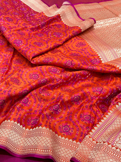 Rustic Orange Pure Satin Silk Handwoven | Kadhwa Weave | Banarasi Saree - Tanchoi