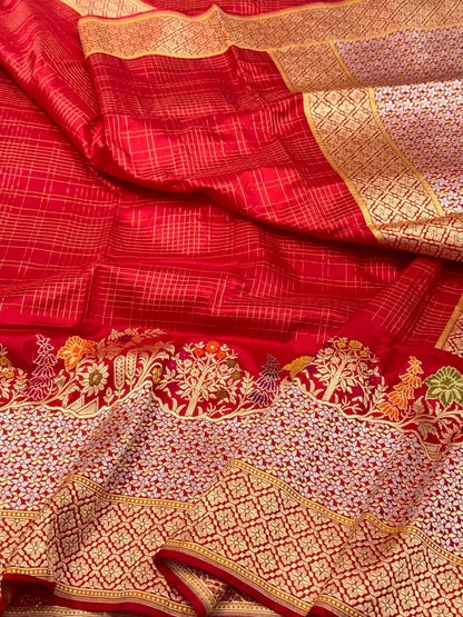 Red Pure Katan Silk Saree | Kadhwa  Weave | Pure Mulberry Silk Handwoven Modern Banarasi Silk Saree